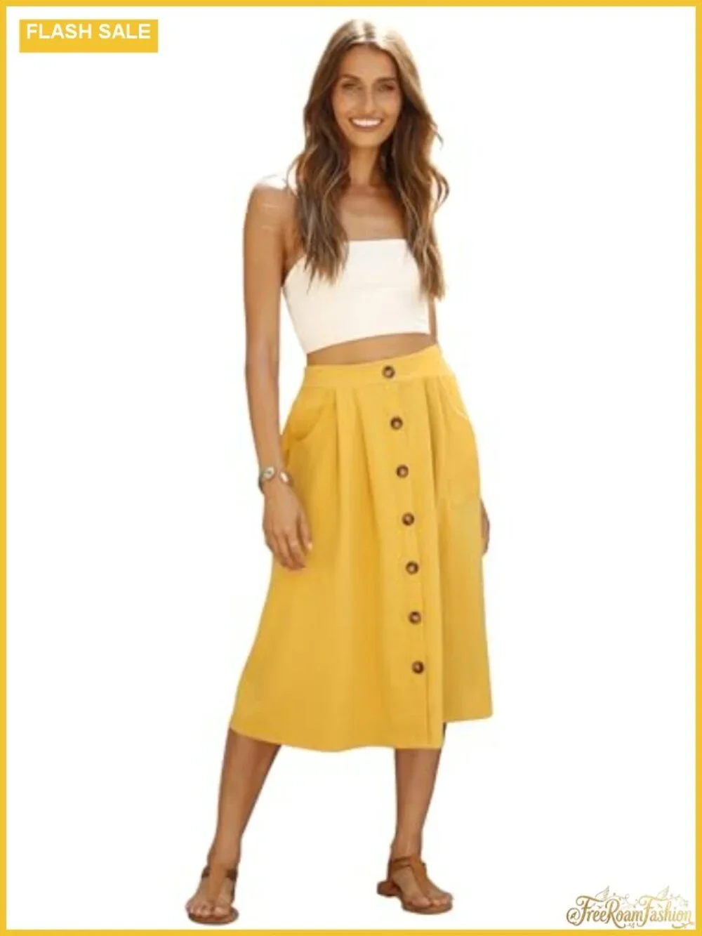 Women's A-Line Midi Skirt with Pockets | High Waisted Button Front | No Stretch